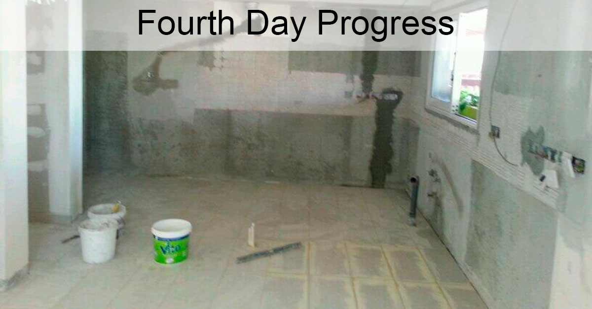 Day 4: All Ceramic Tiles Installed, Joints Filled With Grout, and Plasterboards Plastered